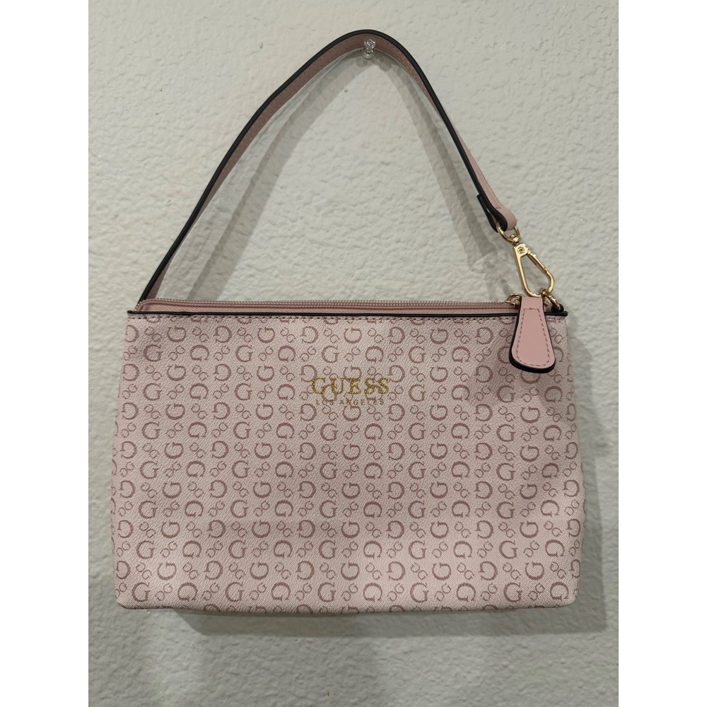 Guess Los Angeles Pink Monogram Logo Shoulder‎ Bag Baguette Purse Gold Hardware